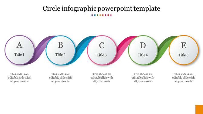 Wavy timeline infographic with five glossy white circles labeled A to E, connected by curved color coded ribbons.