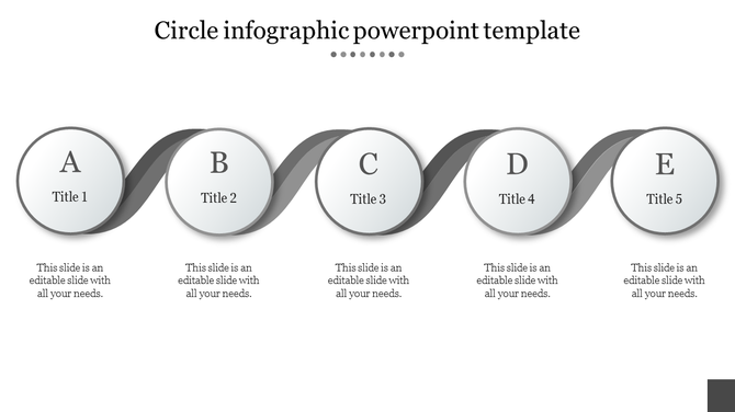 Wavy timeline infographic with five glossy white circles labeled A to E, connected by a flowing gray ribbon.