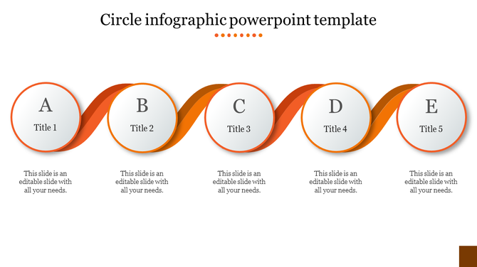 Five step circular infographic with orange wave connectors, featuring labeled white circles A to E.