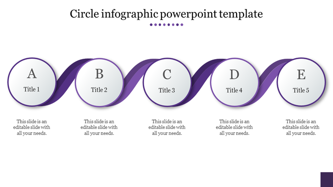 Wavy timeline infographic with five glossy white circles labeled A to E, connected by a flowing purple ribbon.