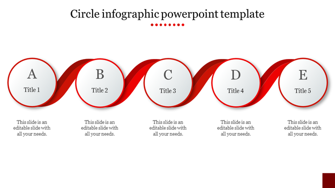 Circle infographic PowerPoint template with five sections A, B, C, D, and E, connected by a red ribbon with titles.