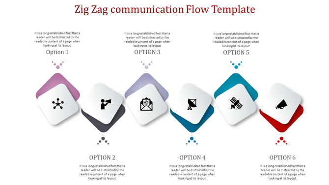 A communication flow template using a zig zag layout with icons for various options with placeholder text.