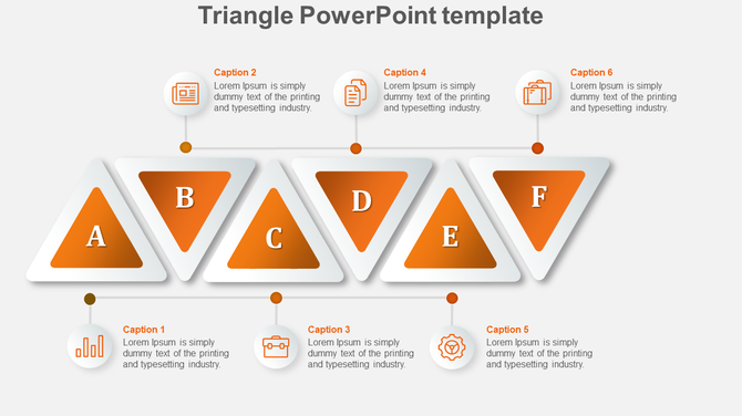Triangle infographic with six labeled 3D triangles in orange and white, connected to captions and icons via thin lines.