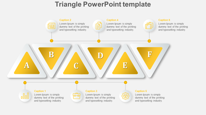 Triangle template with six yellow triangular sections labeled A to F, each with corresponding icons and captions.