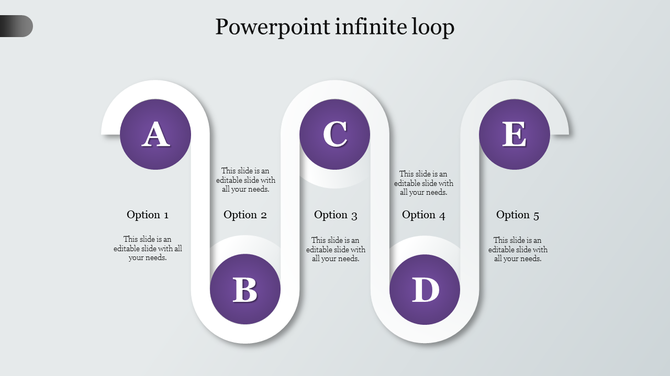 Infographic PowerPoint slide showcasing an infinite loop with five purple stages, each labeled Option A, B, C, D, and E.