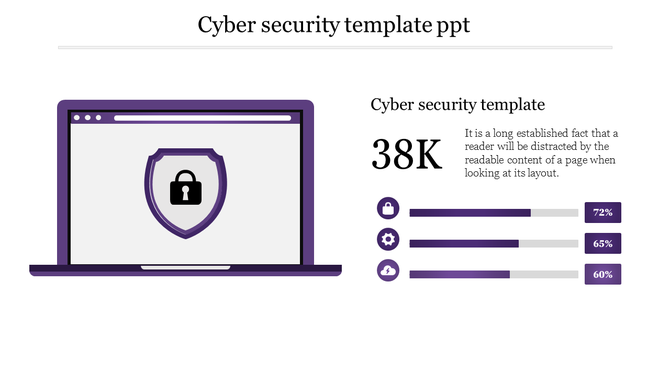 Cyber protection concept with a laptop icon, a security shield, and three purple progress bars with percentage values.