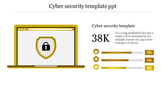 An illustrative slide focusing on cyber security, showcasing a laptop graphic and progress bars indicating various metrics.