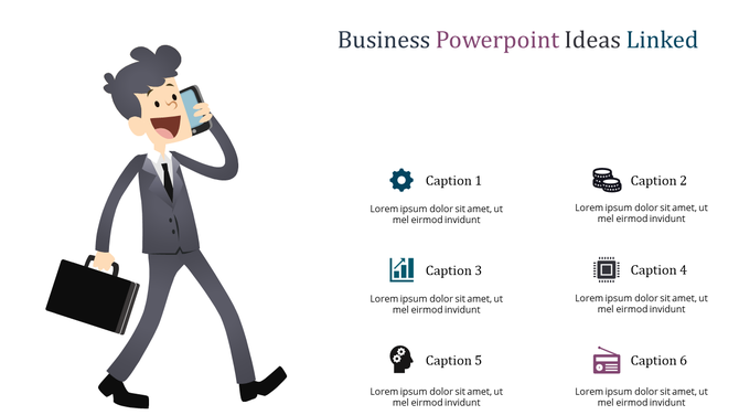 Business PowerPoint ideas template featuring a character with a briefcase, icons, and captions for each section.