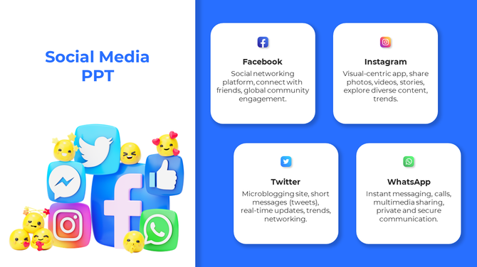 Slide with a blue theme displaying social media descriptions and 3D graphics of platform icons surrounded by playful emojis.