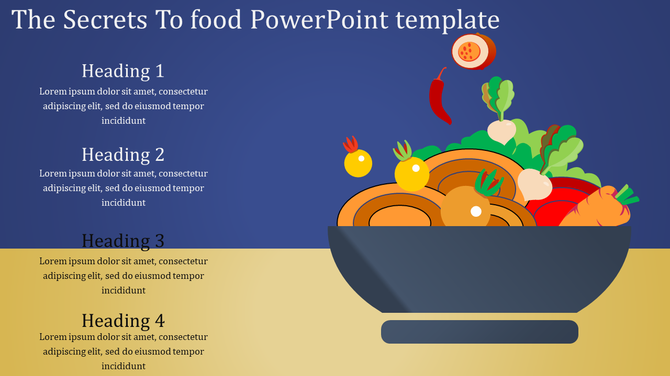 Food PPT slide featuring a colorful illustration of a bowl filled with various vegetables with headings and text.