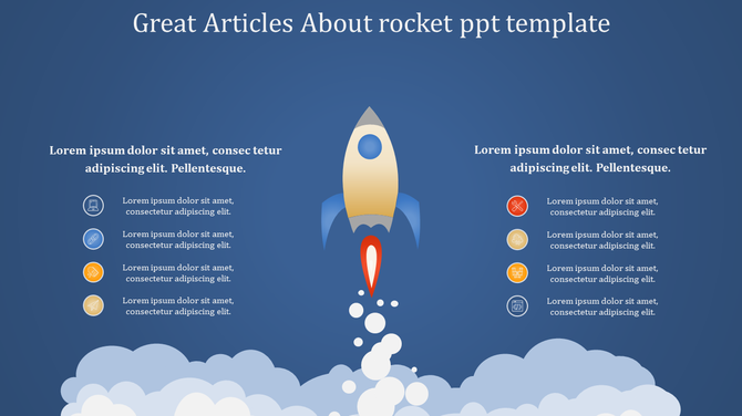 Rocket themed PowerPoint template with icons representing various topics and content areas on a light blue theme.