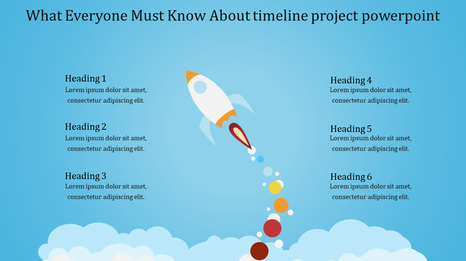 Timeline slide featuring a rocket launching with a trail of colorful circles, surrounded by six headings with caption areas.