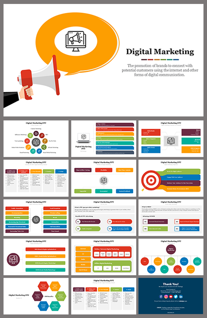 Digital marketing slide deck with white background, featuring colorful sections on strategies and communication tools.