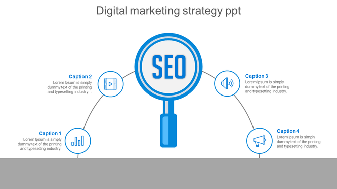 Digital marketing strategy PPT slide with SEO focus, including blue icons for video, audio, and data analysis, with captions.