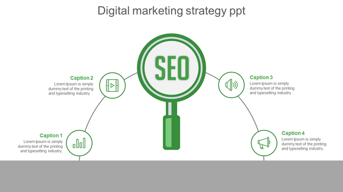 Digital marketing strategy slide with SEO focus, including green icons for video, audio, and data analysis, with captions.