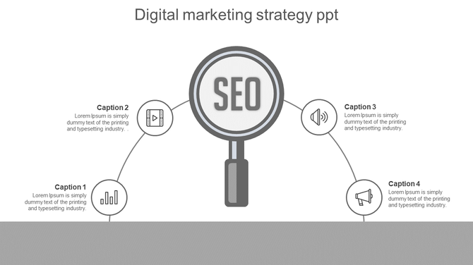 Digital marketing strategy diagram showing SEO in the center with four connected icons representing key elements.