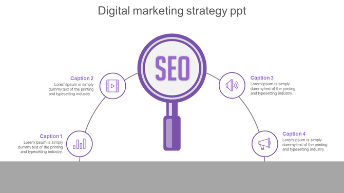 Purple magnifying glass with SEO text at center, linked to four circular icons in a semi circular arrangement.