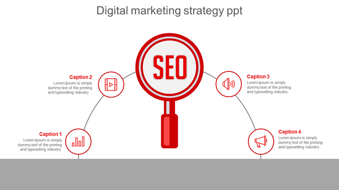 Red circular magnifying glass with bold SEO linking to four icons on a gray background with curved connectors.