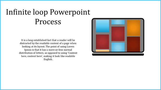 Slide showcasing a laptop graphic filled with red, blue, and orange squares, paired with explanatory text.