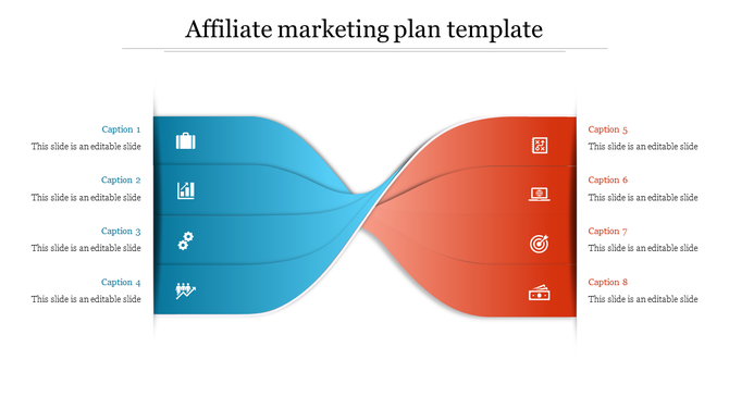 Affiliate marketing plan slide featuring a dual colored, wavy design with icons and captions.