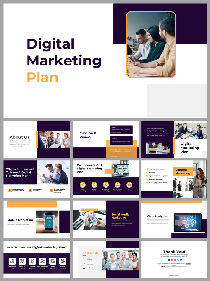Digital marketing plan slides, covering key areas like mission, vision, mobile marketing, and media strategies.