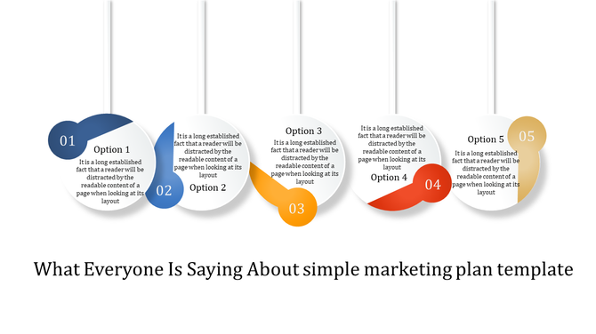 Simple Marketing Plan template featuring five hanging circular options with descriptive text.