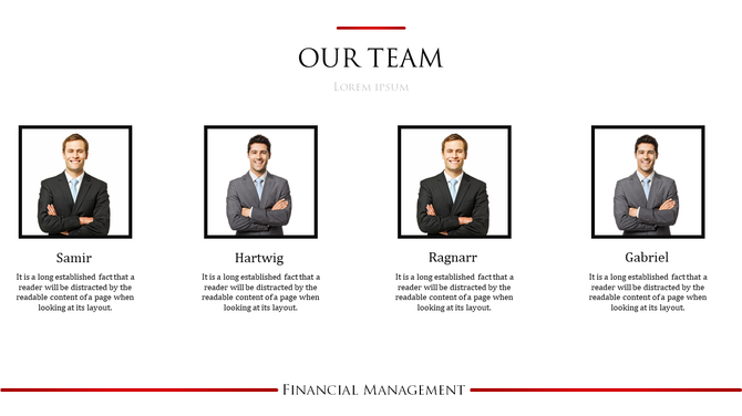 Slide featuring portraits of four team members in black squared frames, with individual descriptions under each name.