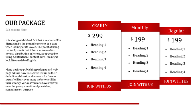Pricing table layout with three columns labeled with subscription, in a red and white color scheme.
