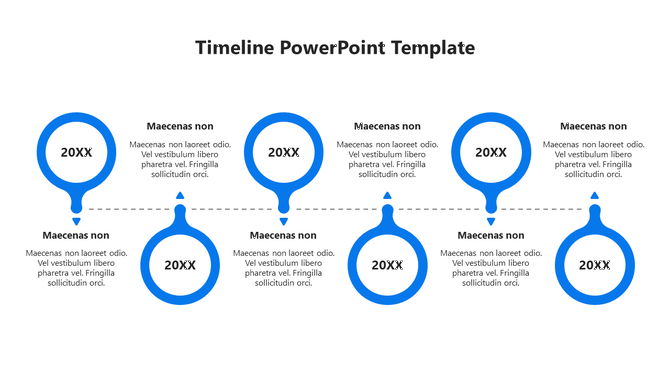 A timeline PowerPoint template with blue circular milestones connected by arrows, showing years and brief descriptions.