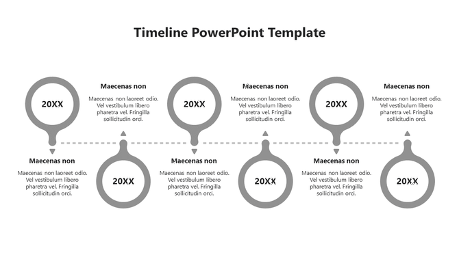 Six gray circles aligned horizontally with arrows and dashed connectors on a minimalist white layout.