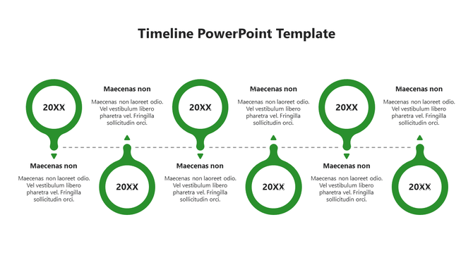 Green circled timeline design with six placeholders text areas for years and descriptions placed in a white background.