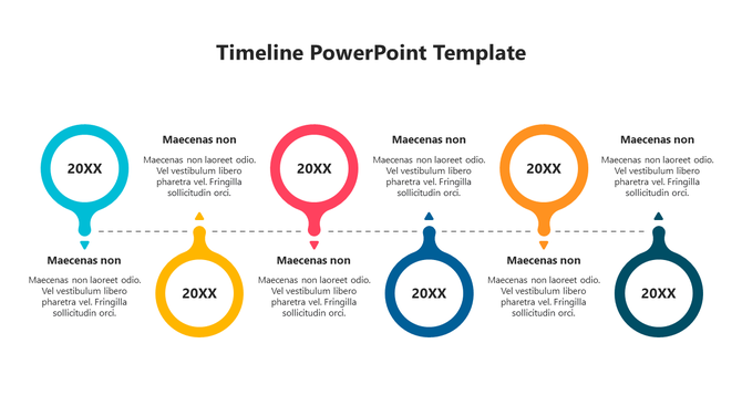 Horizontal timeline layout with six colorful circular markers in blue, red, orange, and teal, connected by dashed lines.