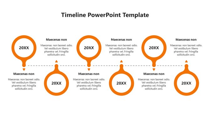 A timeline PPT template with orange circular milestones, years, and descriptions connected by arrows and dotted lines.