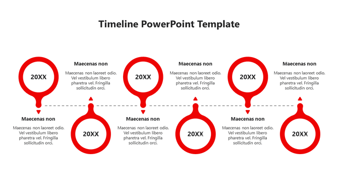 Timeline layout featuring six red circles connected with dotted lines placed in a white background.