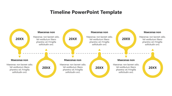 Horizontal timeline template with six yellow circular markers and dashed connectors on a white background.