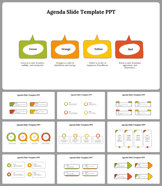Agenda PowerPoint slides featuring color coded sections for each agenda item, with descriptive text about the colors.