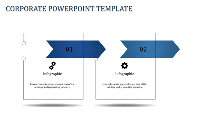 Minimalist corporate template featuring a two-step process flow, with bold blue arrows pointing towards caption areas.