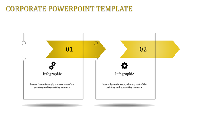 Minimalist corporate template with two yellow arrows marking a two-step workflow, connected to caption areas.