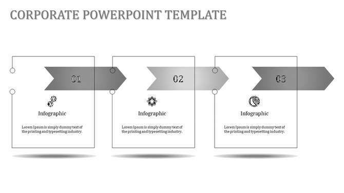 Corporate PPT slide featuring infographic sections with numbers 01, 02, and 03, each containing icons and descriptive text.