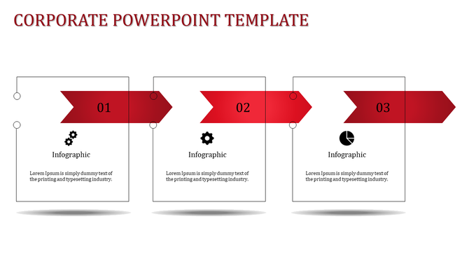 Corporate PPT slide featuring infographic sections with three red numbers each containing icons and descriptive text.
