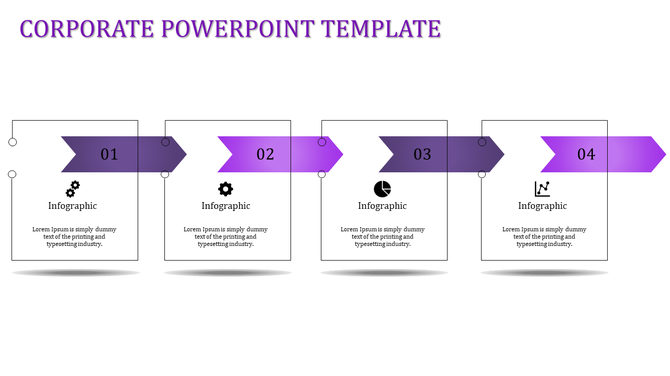 Corporate PPT slide with infographic sections each numbered with purple sections 01 to 04, featuring icons and text area.