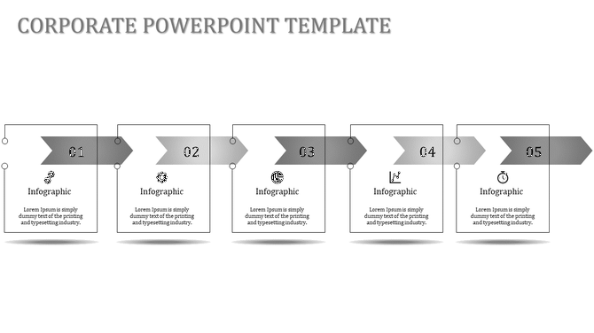 Corporate PowerPoint template with five infographic sections each numbered 01 to 05, with gray arrows and icons.