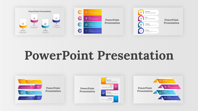 Collection of six PowerPoint templates with vibrant colors, each displaying the steps of a process with icons and labels.