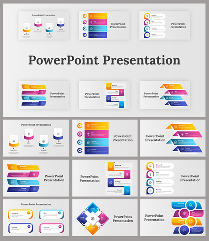 Pack of slide designs arranged in a grid, showing colorful infographics like arrows, charts, and diagrams on gray background.