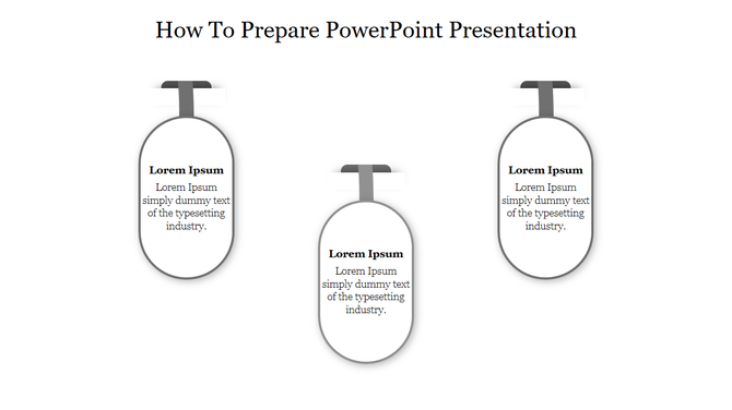 Grey PowerPoint slide showing three sections with placeholders for how to prepare a presentation.