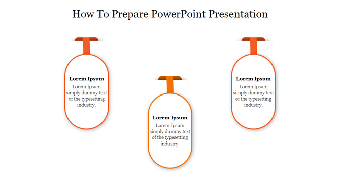 Hanging oval text boxes with blue borders and ribbons, arranged under How to prepare PowerPoint presentation title.