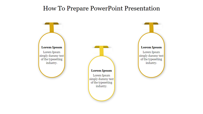 Oval text boxes with orange borders and hanging ribbons under How to prepare PowerPoint Presentation heading.