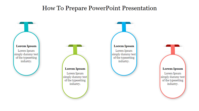 Five hanging oval text boxes with yellow borders and ribbons, under the title How to prepare PowerPoint.