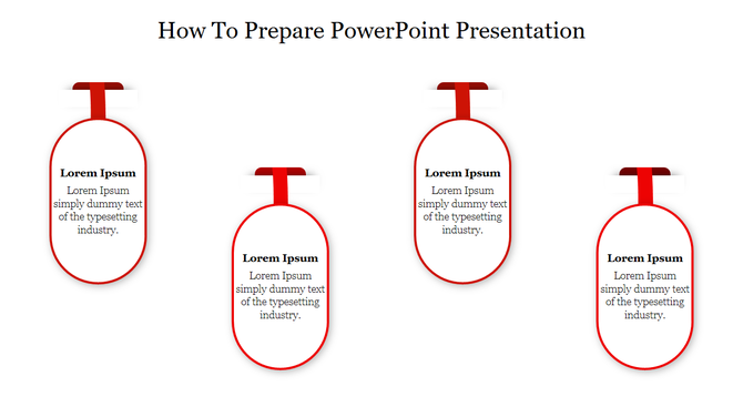 Four hanging oval text boxes with blue, green, and red borders and ribbons under the title How to prepare PowerPoint.