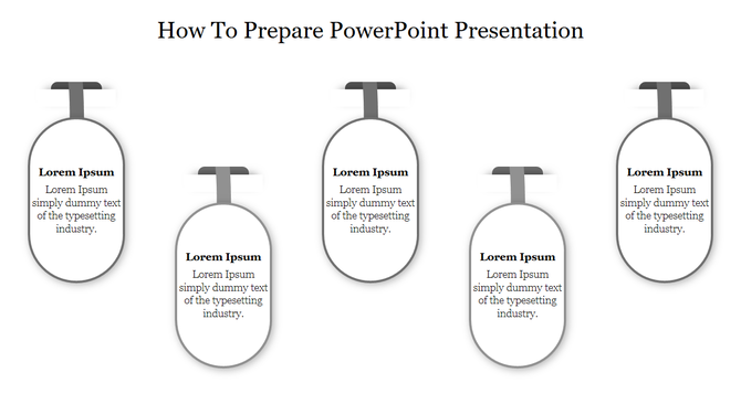PowerPoint design with five steps on how to prepare a presentation, each with grey color sections with placeholder text.